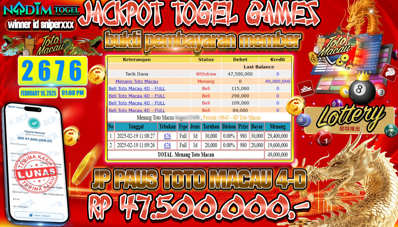NADIMTOGEL JACKPOT TOGEL TOTO MACAU 4-D Rp.47.500.000,- LUNAS