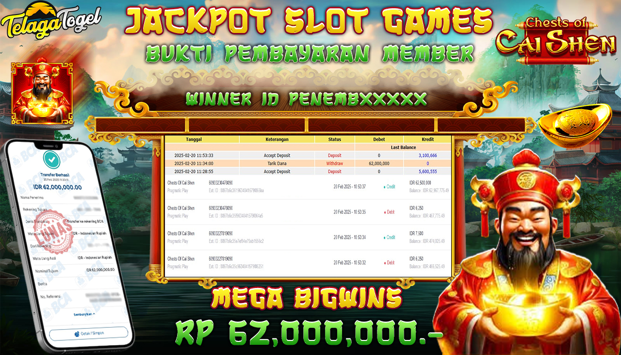 TELAGATOGEL JACKPOT SLOT CHESTS OF CAI SHEN RP 62,000,000,- LUNAS