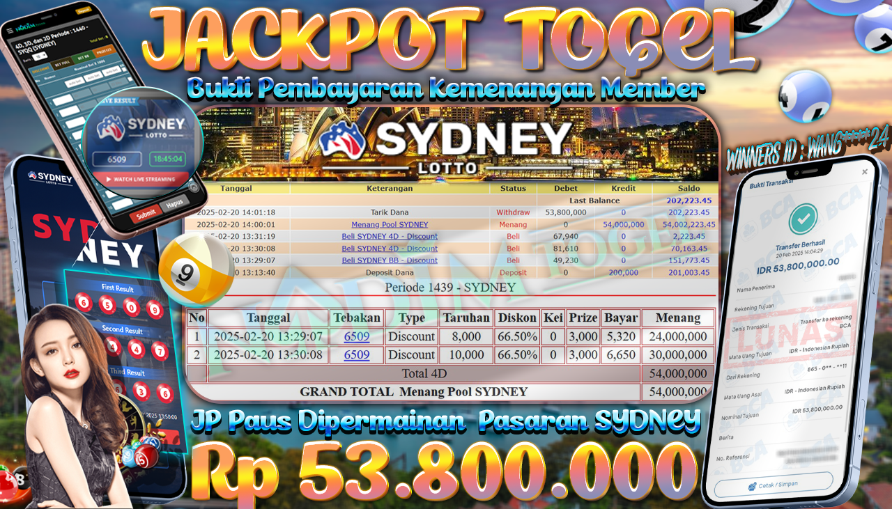 NADIMTOGEL JACKPOT TOGEL PASARAN SYDNEY LOTTO Rp 53.800.000,- LUNAS