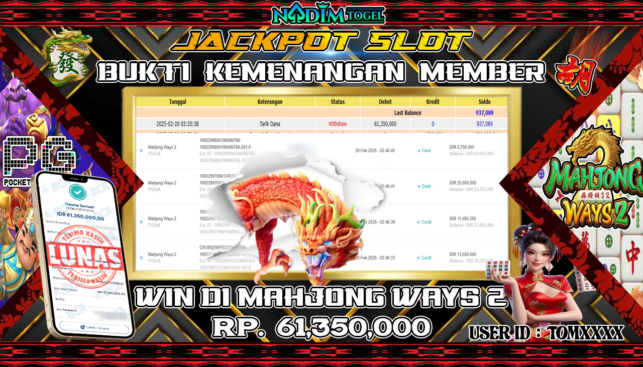 NADIMTOGEL JACKPOT SLOT MAHJONG WAYS 2 Rp 61,350,000,- LUNAS