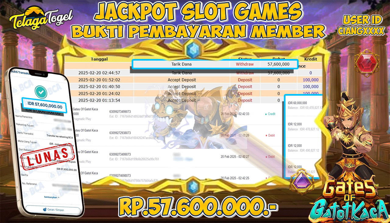 TELAGATOGEL JACKPOT SLOT GATES OF GATOTKACA (Pragmatic Play) RP 57,600,000,- LUNAS