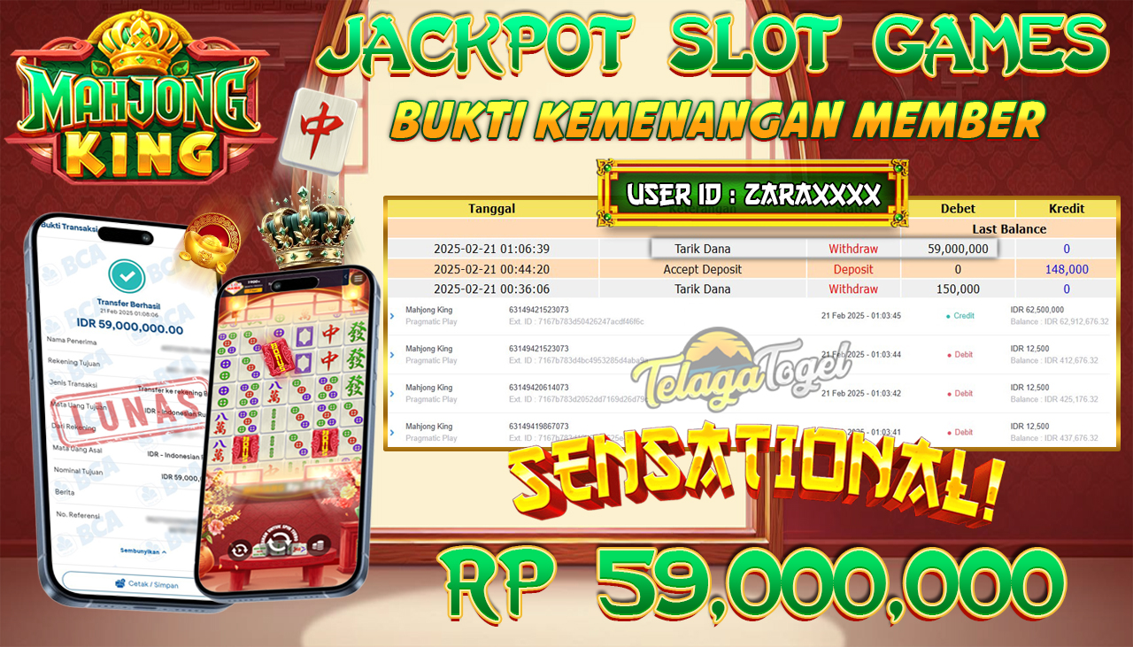 TELAGATOGEL JACKPOT SLOT MAHJONG KING RP 59,000,000,- LUNAS