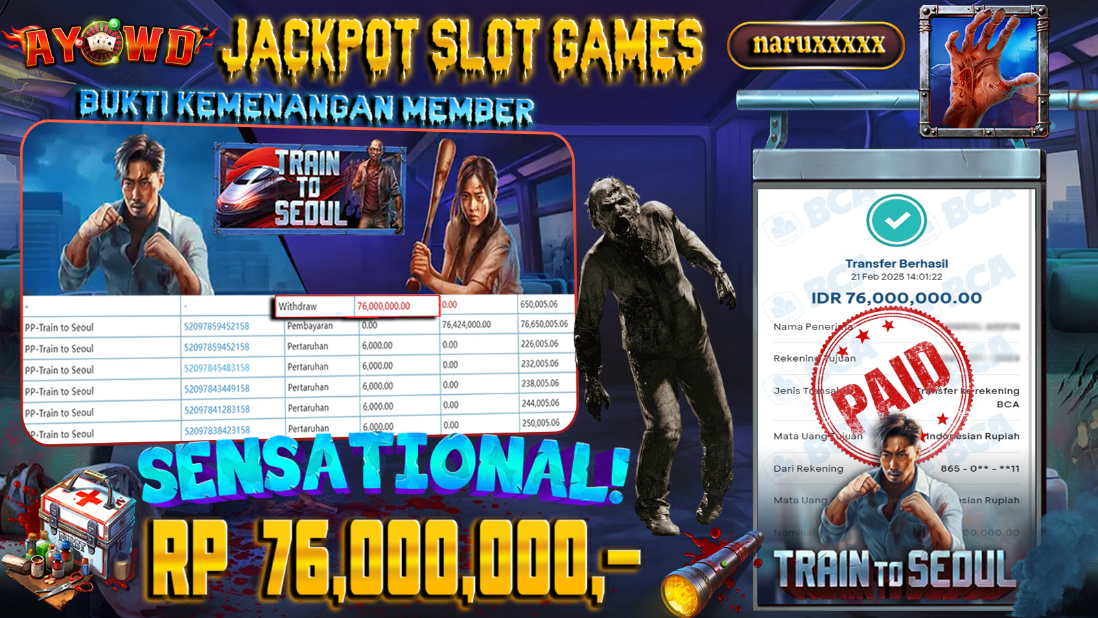 AYOWD JACKPOT SLOT GAMES PP-Train To Seoul Rp 76,000,000,- LUNAS