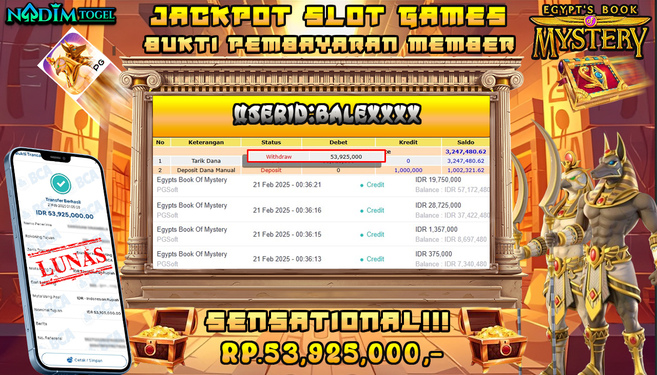 NADIMTOGEL JACKPOT SLOT EGYPT S BOOK MYSTERY Rp 53.925.000,- LUNAS