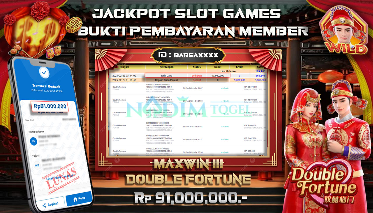 NADIMTOGEL JACKPOT SLOT DOUBLE FORTUNE Rp 91.000.000,- LUNAS