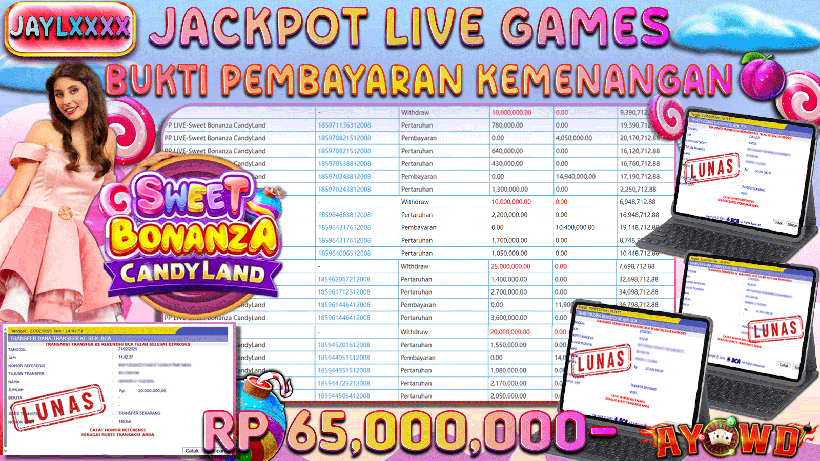 AYOWD JACKPOT LIVE GAMES PP-SWEET BONANZA CANDYLAND Rp 65,000,000,- LUNAS