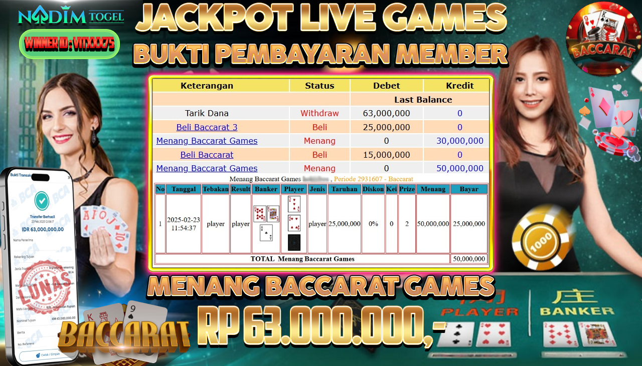 NADIMTOGEL JACKPOT LIVE GAME BACCARAT Rp.63,000,000,- LUNAS