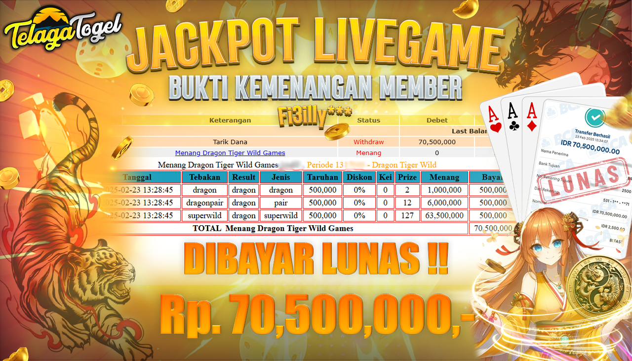 TELAGATOGEL JACKPOT SLOT DRAGON TIGER WILD GAMES Rp 70,500,000 ,- LUNAS