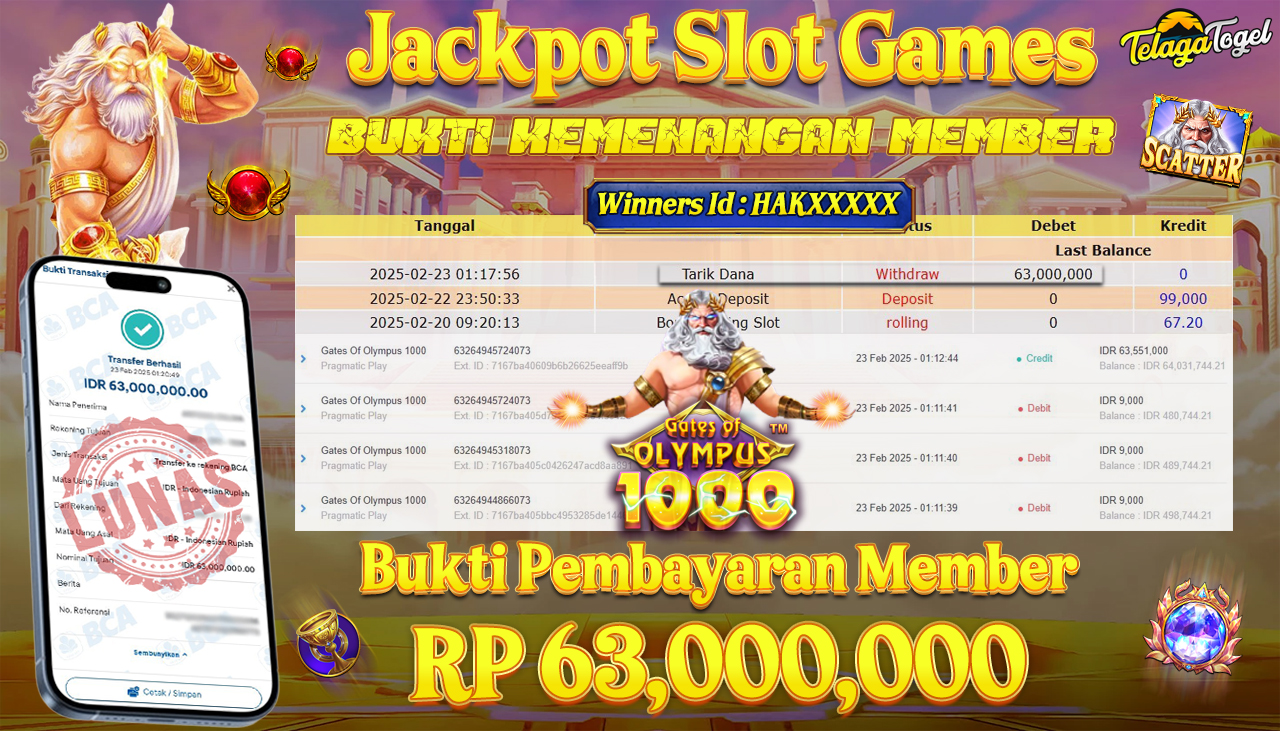 TELAGATOGEL JACKPOT SLOT GATES OF OLYMPUS 1000 RP 63,000,000,- LUNAS