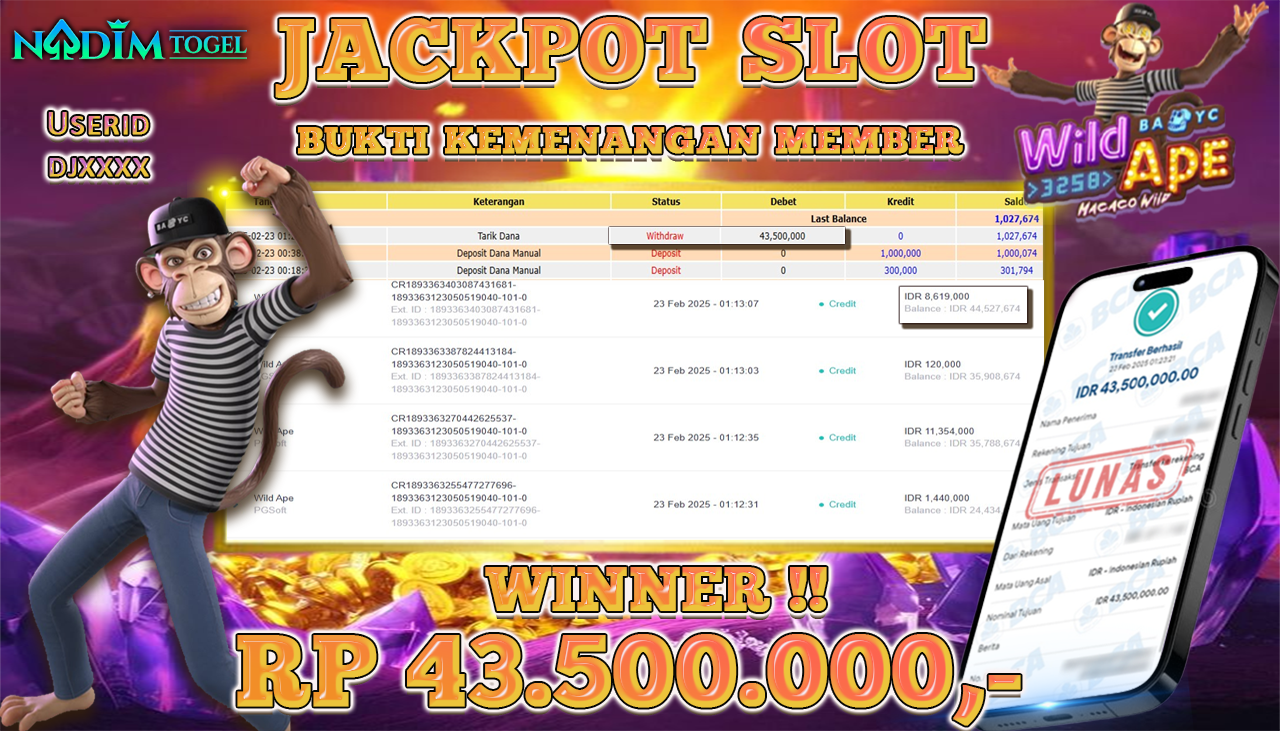 NADIMTOGEL JACKPOT SLOT WILD APE Rp 43,500,000,- LUNAS