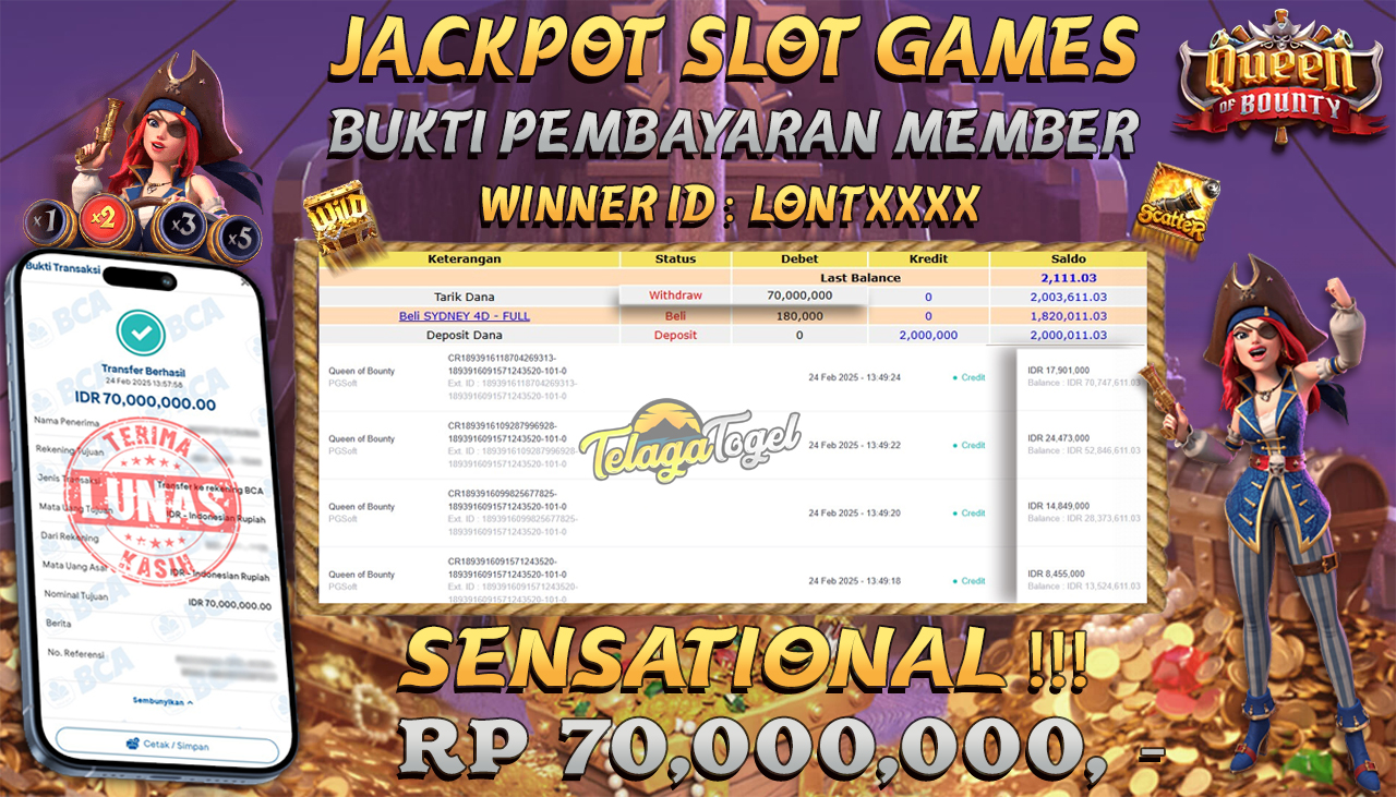 TELAGATOGEL JACKPOT SLOT QUEEN OF BOUNTY Rp 70,000,000 ,- LUNAS