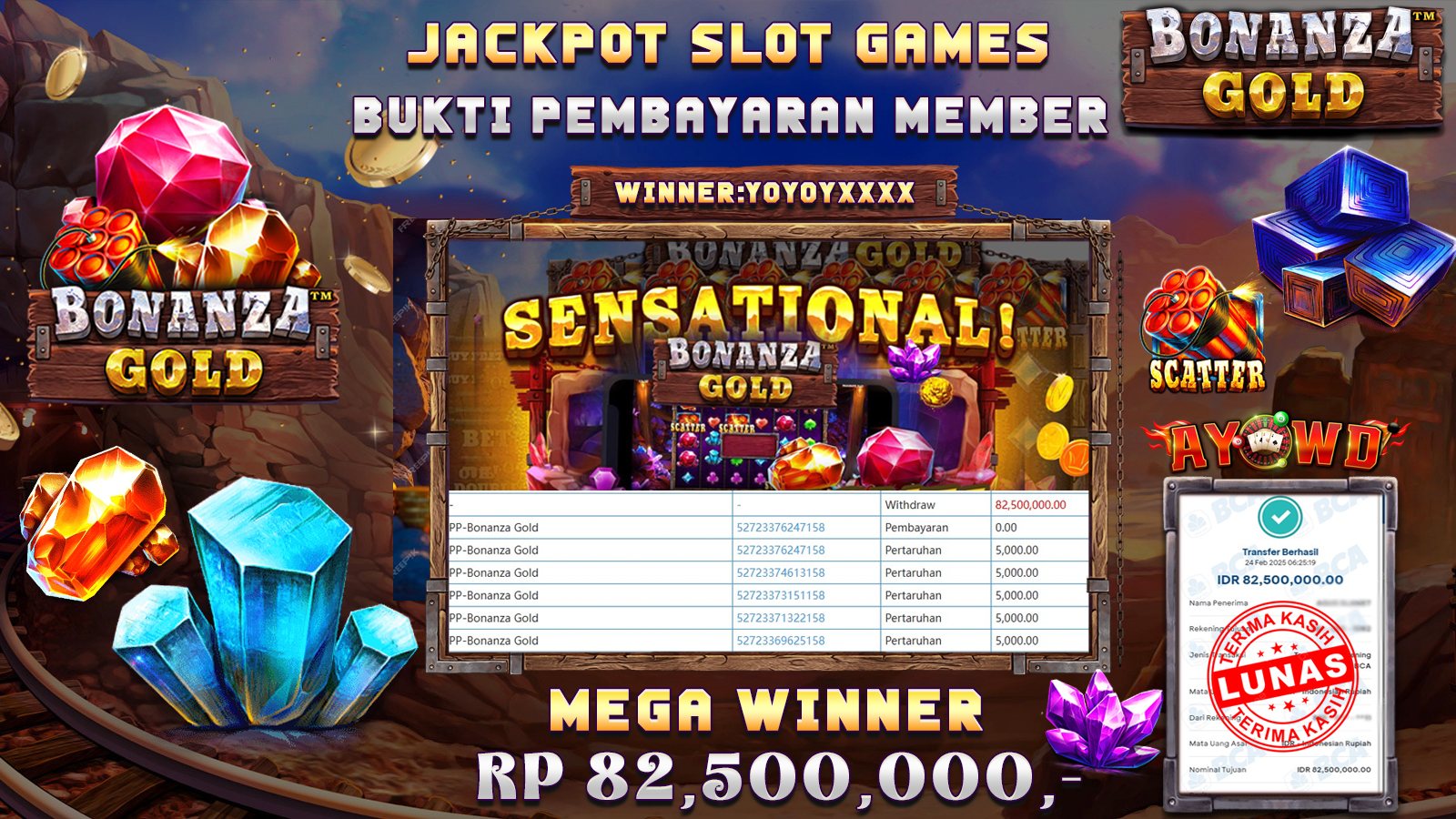 AYOWD JACKPOT SLOT GAMES PP-BONANZA GOLD Rp 82,500,000,- LUNAS