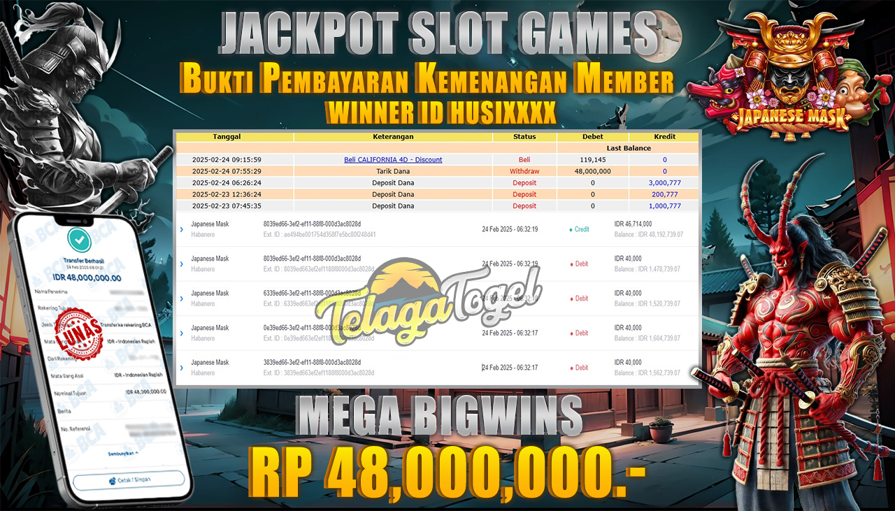 TELAGATOGEL JACKPOT SLOT JAPANESE MASK Rp 48,000,000 ,- LUNAS
