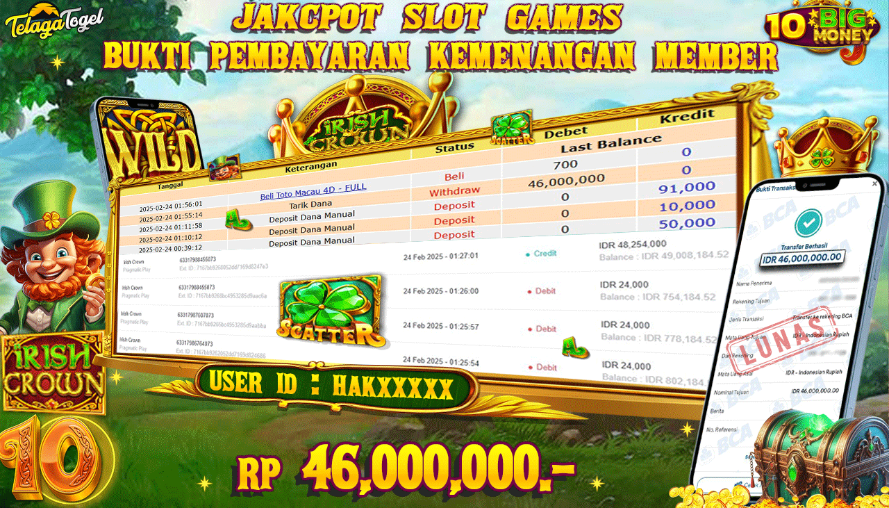 TELAGATOGEL JACKPOT SLOT - IRISH CROWN Rp 46,000,000 ,- LUNAS