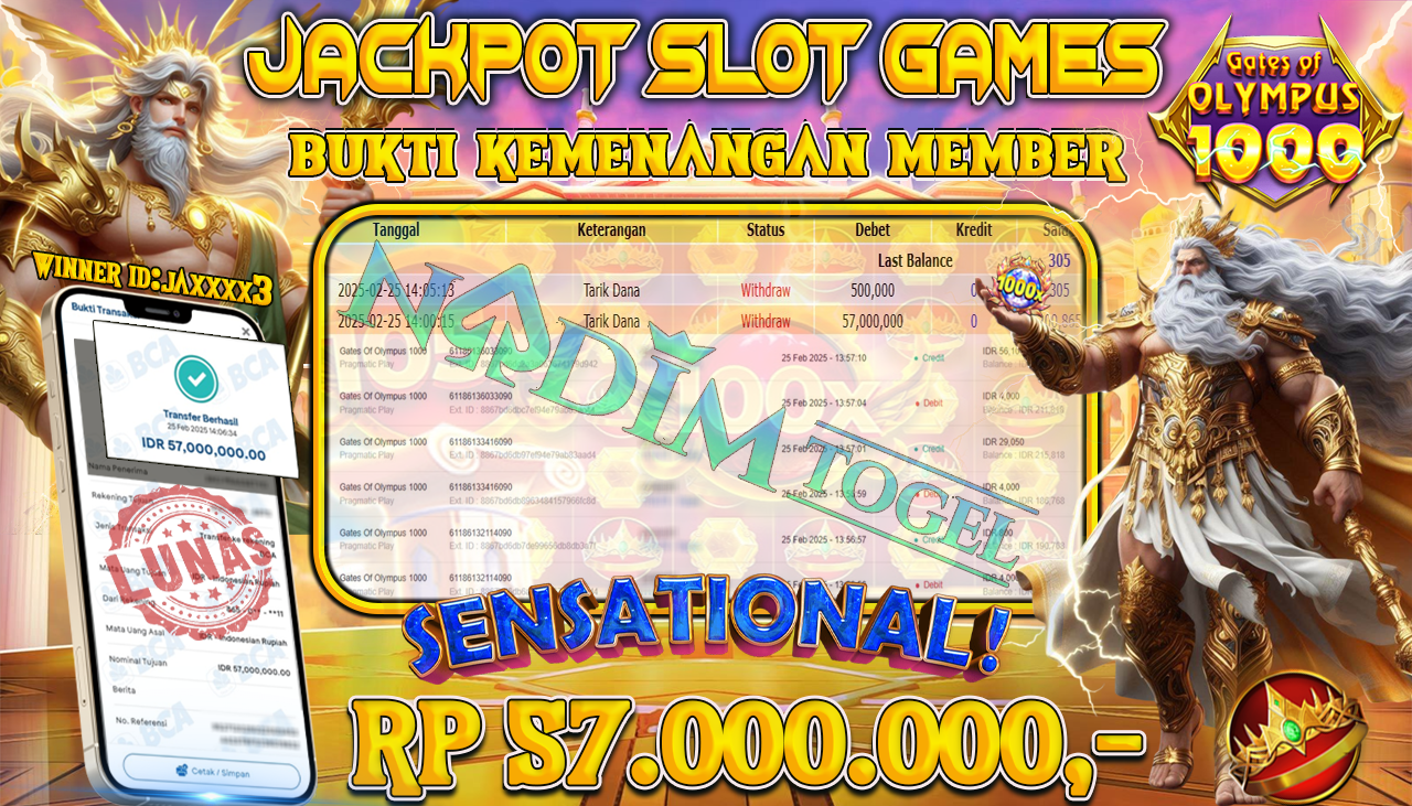 NADIMTOGEL JACKPOT SLOT GATES OF OLYMPUS 1000 Rp 57,000,000,- LUNAS
