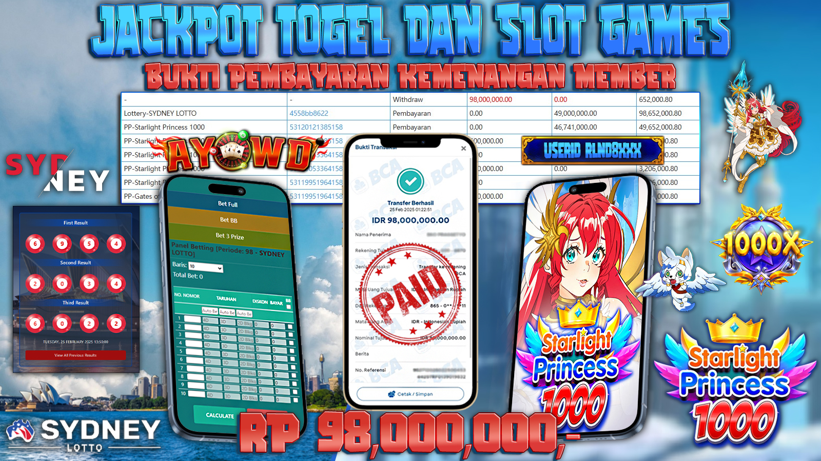 AYOWD JACKPOT TOGEL DAN SLOT GAMES SYDNEY LOTTO & PP-Starlight Princess 1000 Rp 98.000.000,- LUNAS