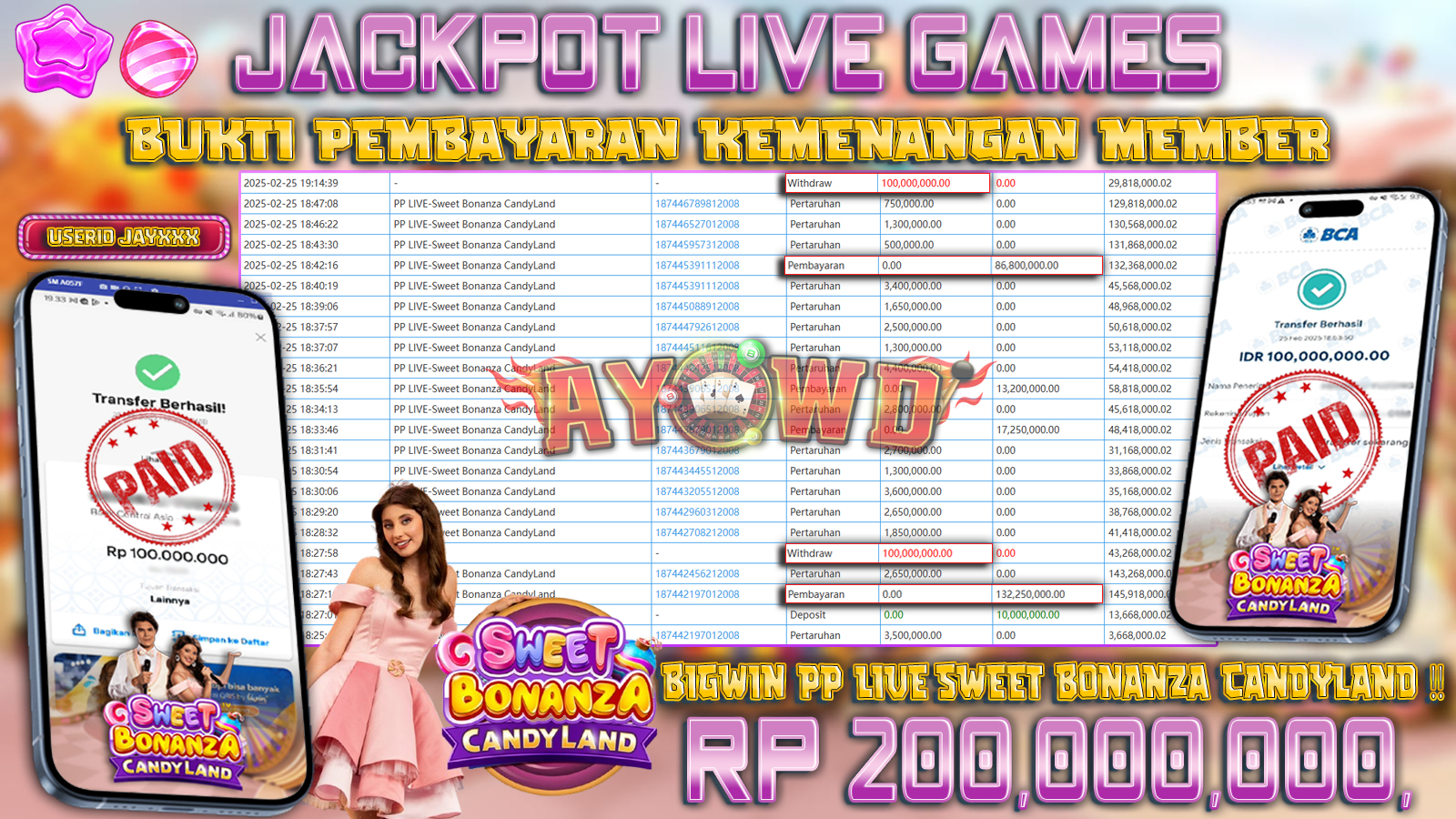 AYOWD JACKPOT LIVE GAMES PP LIVE-Sweet Bonanza CandyLand Rp 200.000.000,- LUNAS