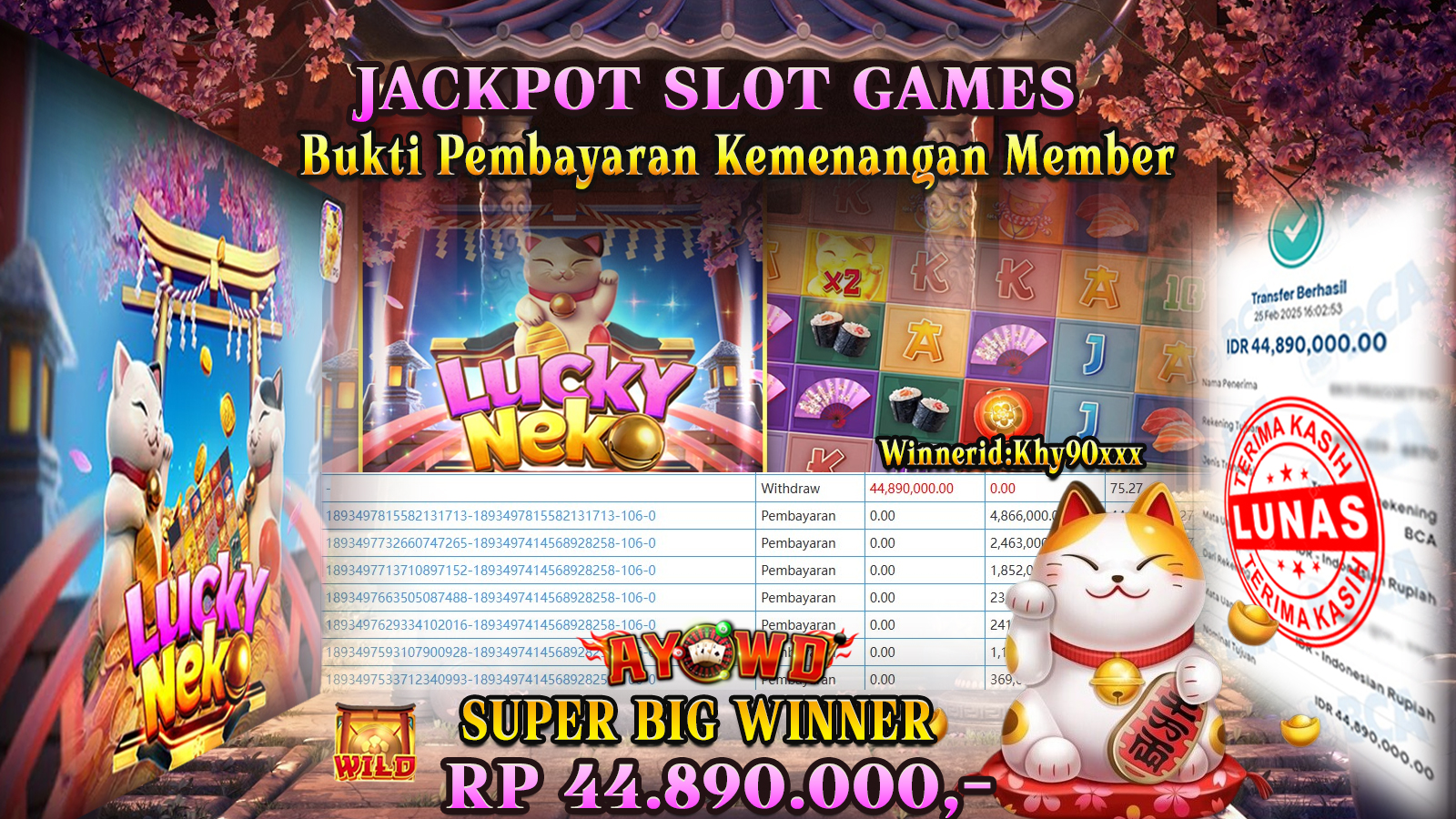 AYOWD JACKPOT SLOT GAMES PG-LUCKY NEKO  Rp 44.890.000,- LUNAS