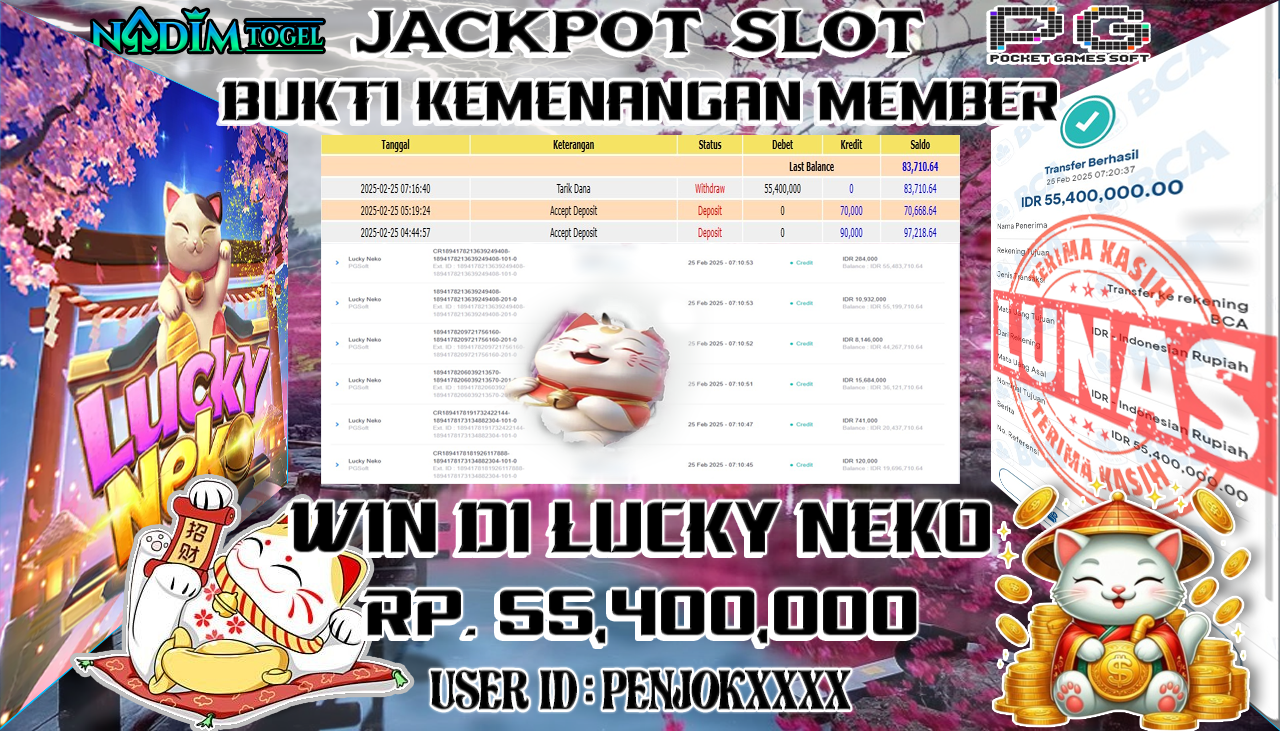 NADIMTOGEL JACKPOT SLOT LUCKY NEKO Rp 55,400,000,- LUNAS