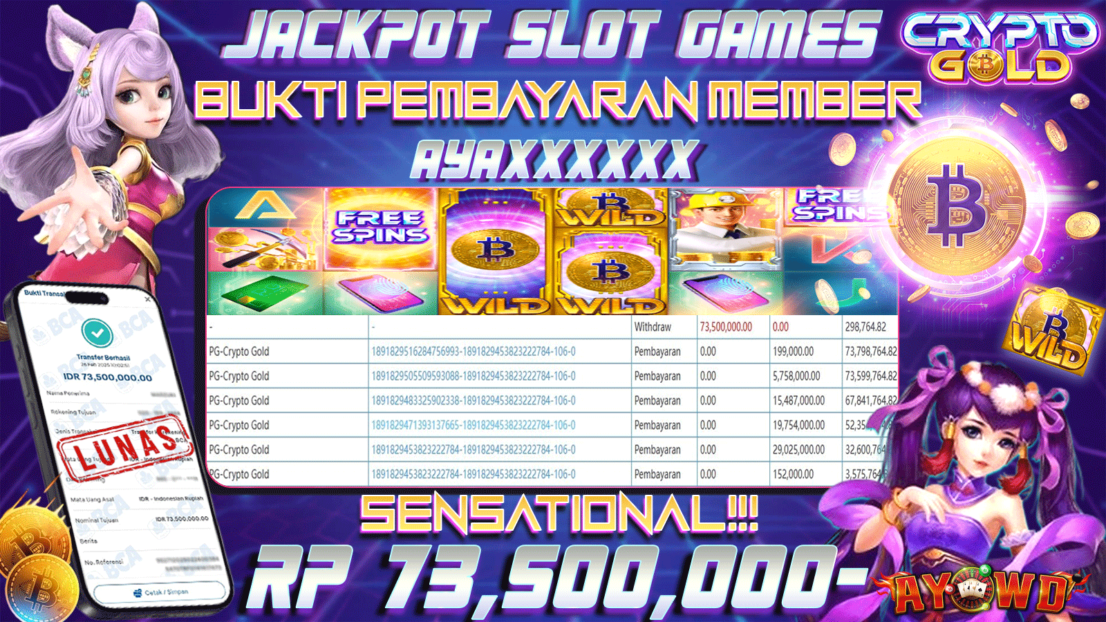 AYOWD JACKPOT SLOT GAMES PG-CRYPTO GOLD Rp 73,500,000,- LUNAS