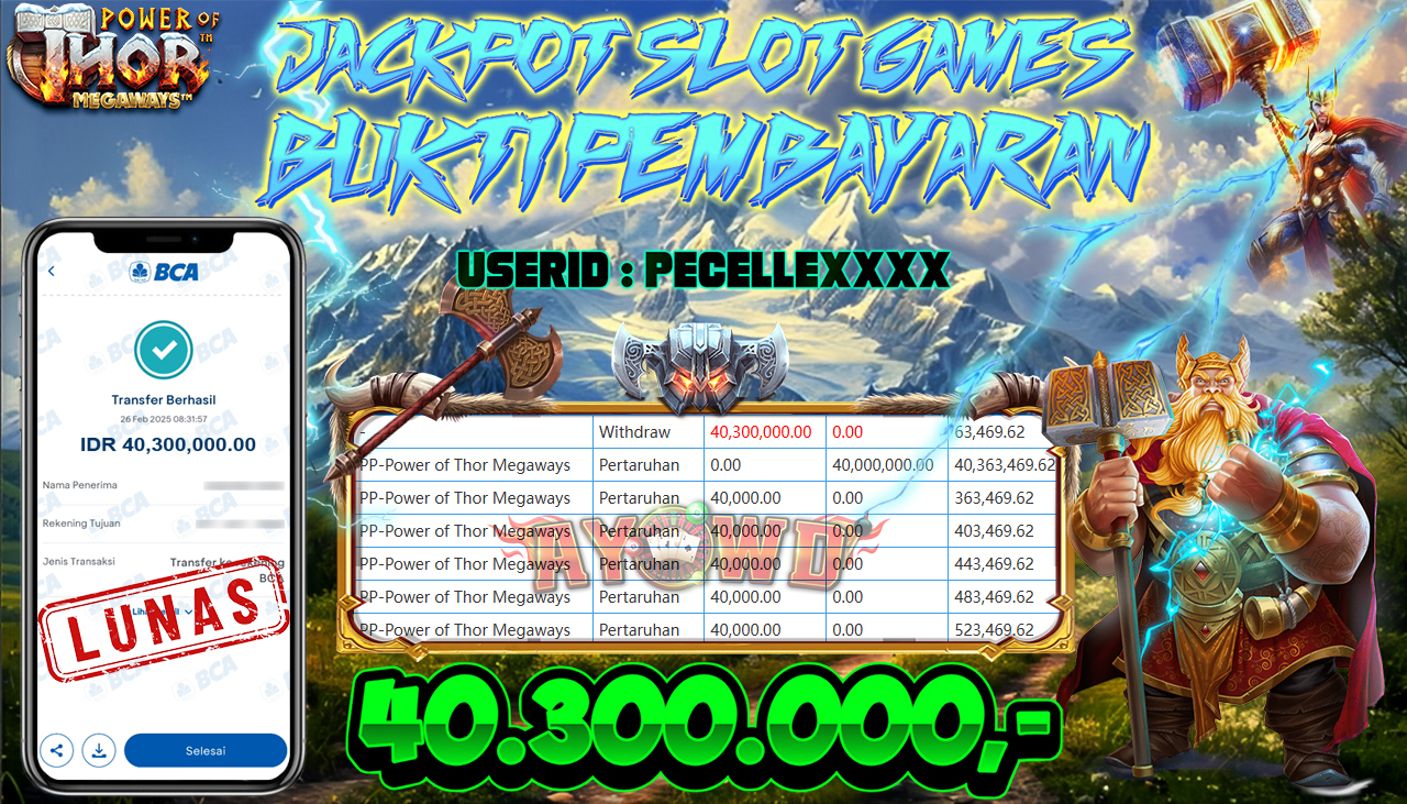 AYOWD JACKPOT SLOT GAMES PP-Power of Thor Megaways Rp 40,300,000,- LUNAS