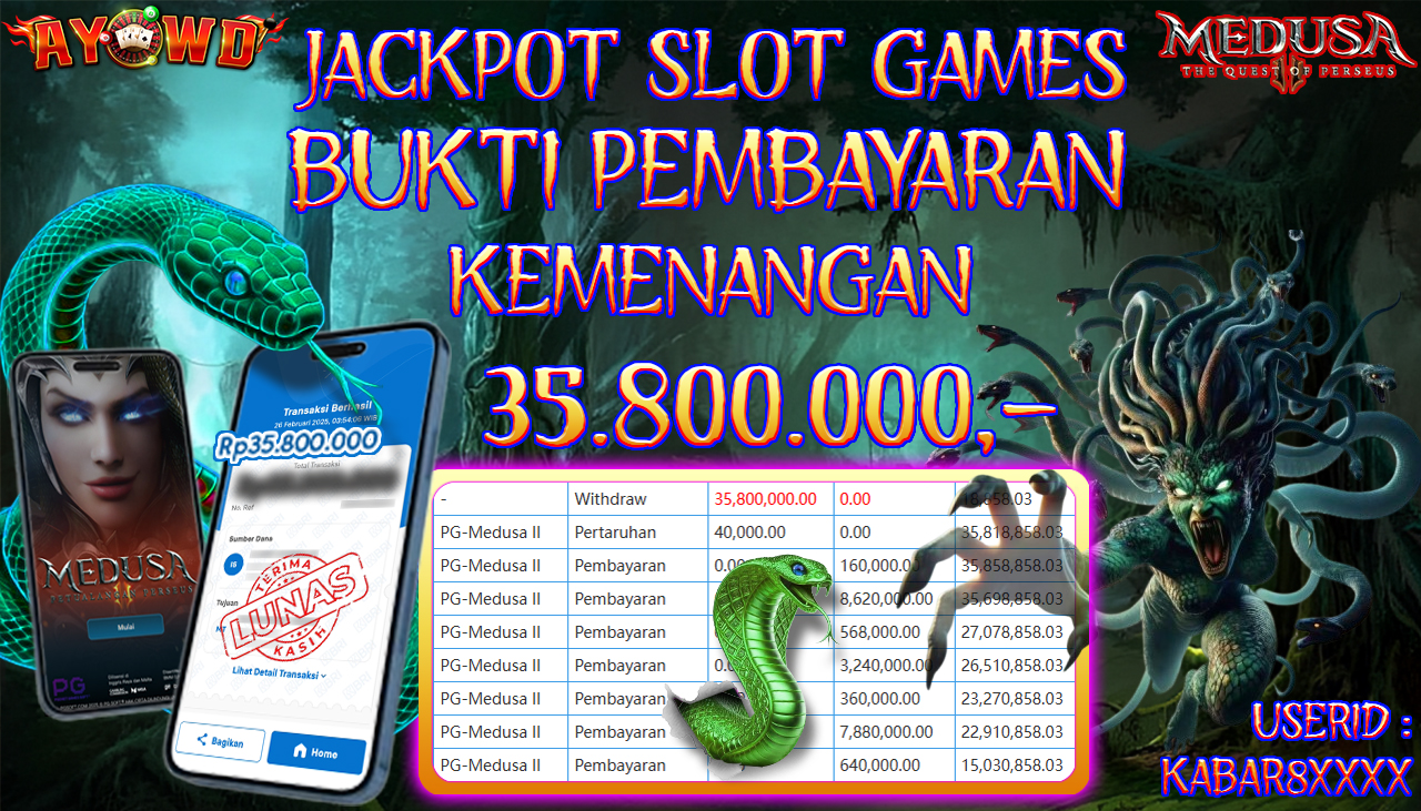AYOWD JACKPOT SLOT GAMES PG-Medusa II Rp 35,800,000,- LUNAS