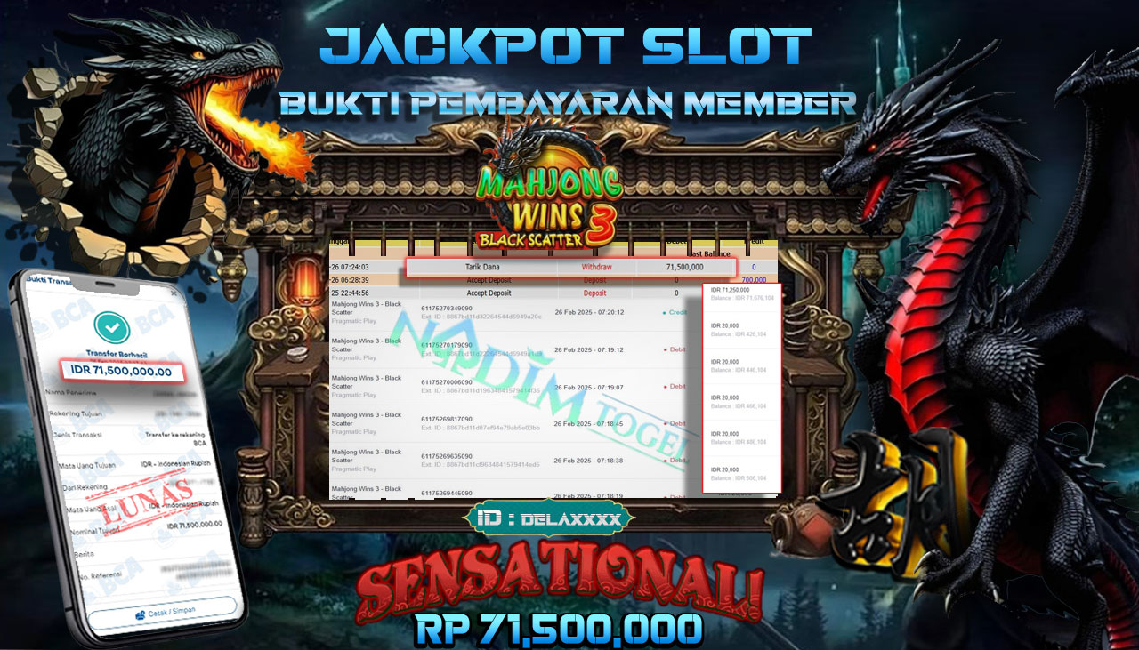 NADIMTOGEL JACKPOT SLOT MAHJONG WINS 3- BLACK SCATER  Rp 71.500.000,- LUNAS