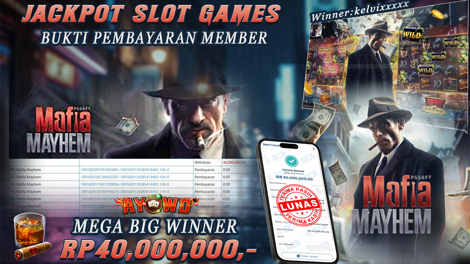 AYOWD JACKPOT SLOT GAMES PG-MAFIA MAYHEM Rp 40,000,000,- LUNAS