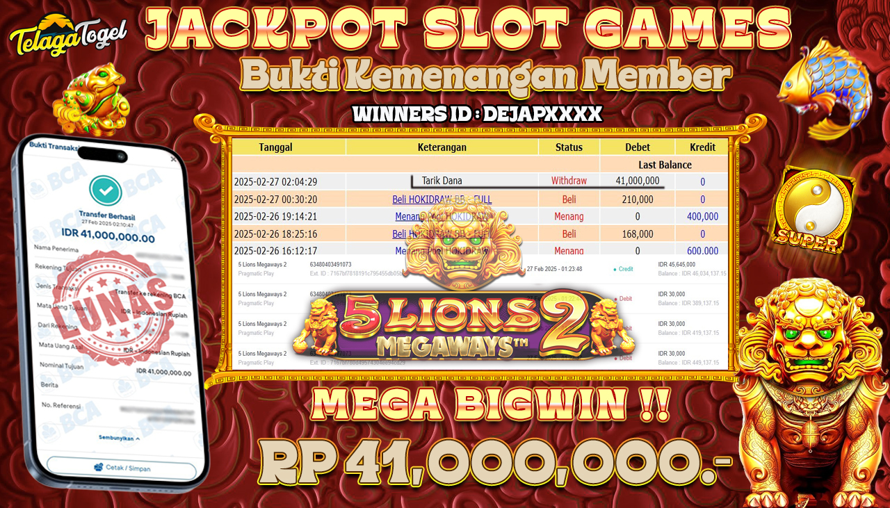 TELAGATOGEL JACKPOT SLOT 5 LIONS MEGAWAYS 2 Rp 41,000,000 ,- LUNAS 