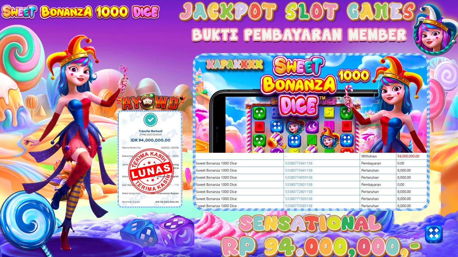 AYOWD JACKPOT SLOT GAMES PP-SWEET BONANZA 1000 DICE  Rp 94,000,000,- LUNAS