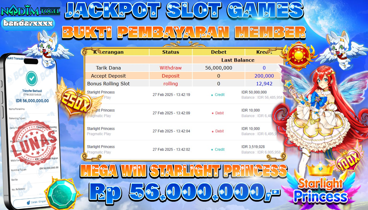NADIMTOGEL JACKPOT SLOT STARLIGHT PRINCESS Rp.56.000.000,- LUNAS