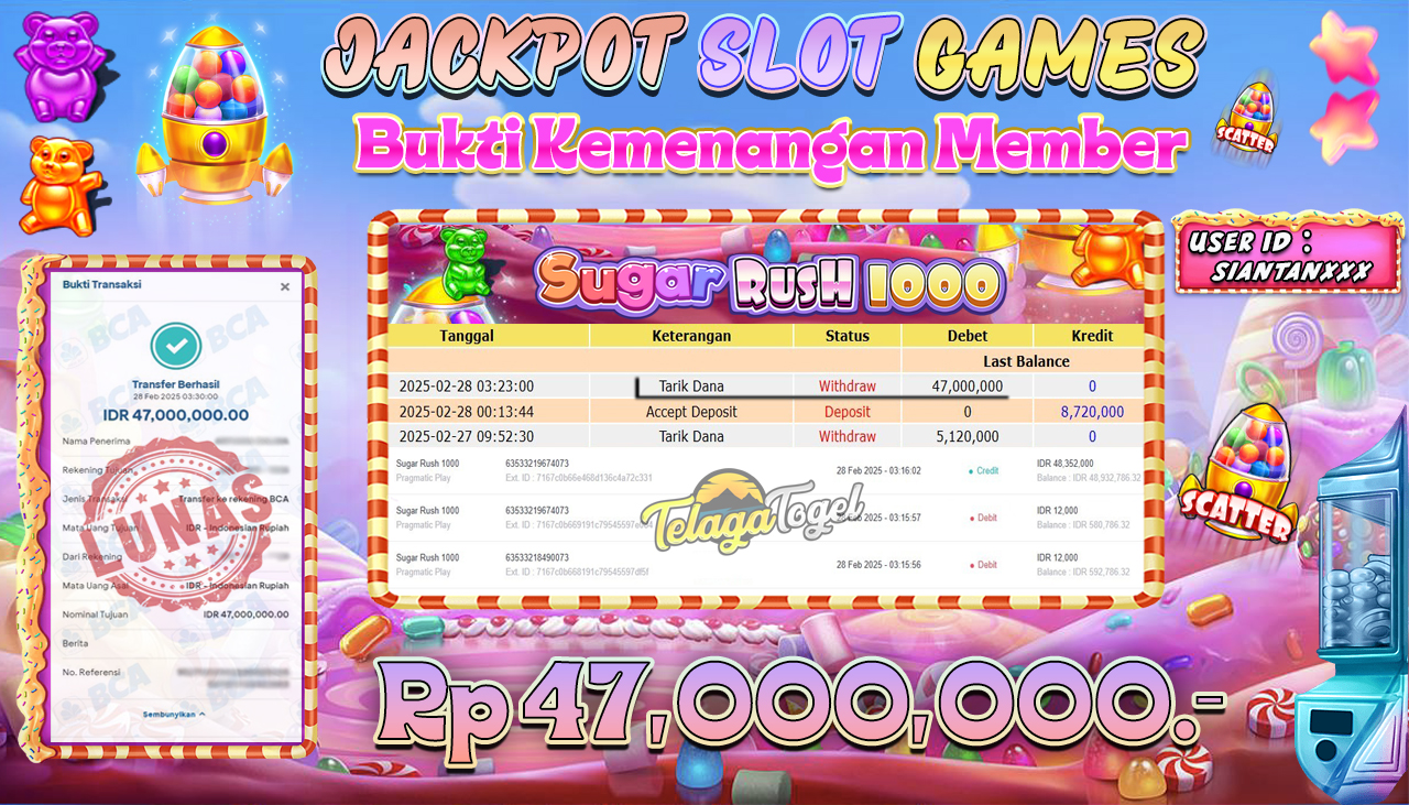 TELAGATOGEL JACKPOT SLOT SUGAR RUSH 1000 Rp 47,000,000 ,- LUNAS 