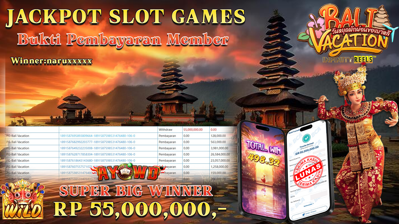 AYOWD JACKPOT SLOT GAMES PG-BALI VACATION Rp 55,000,000,- LUNAS