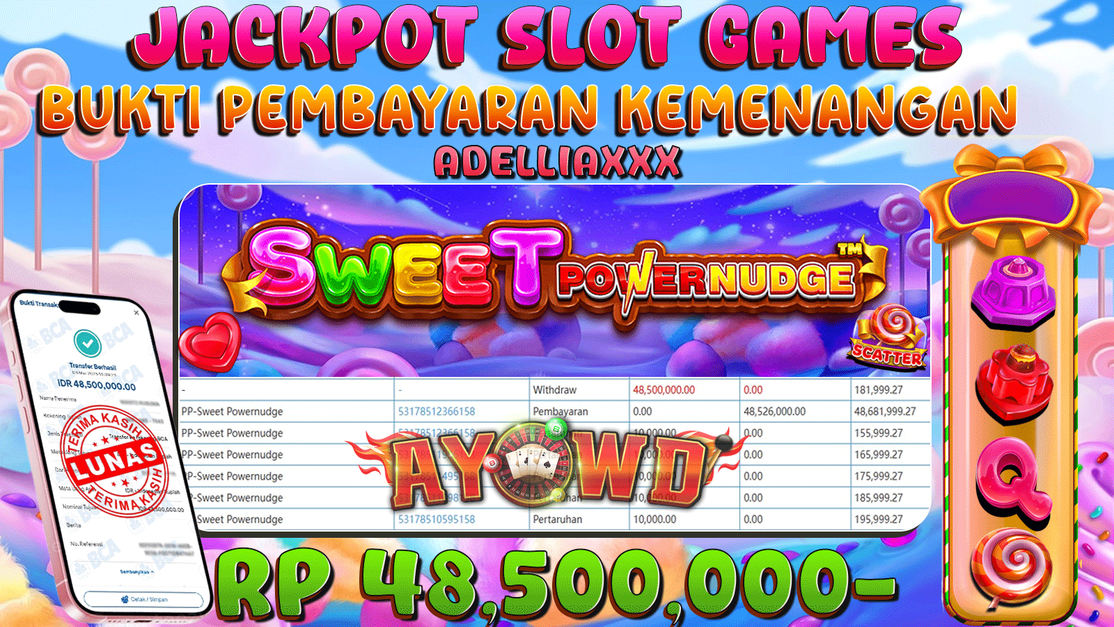 AYOWD JACKPOT SLOT GAMES PP-SWEET POWERNUDGE Rp 48,500,000,- LUNAS