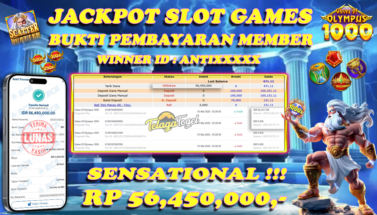 TELAGATOGEL JACKPOT SLOT GATES OF OLYMPUS 1000 Rp 56,450,000 ,- LUNAS 