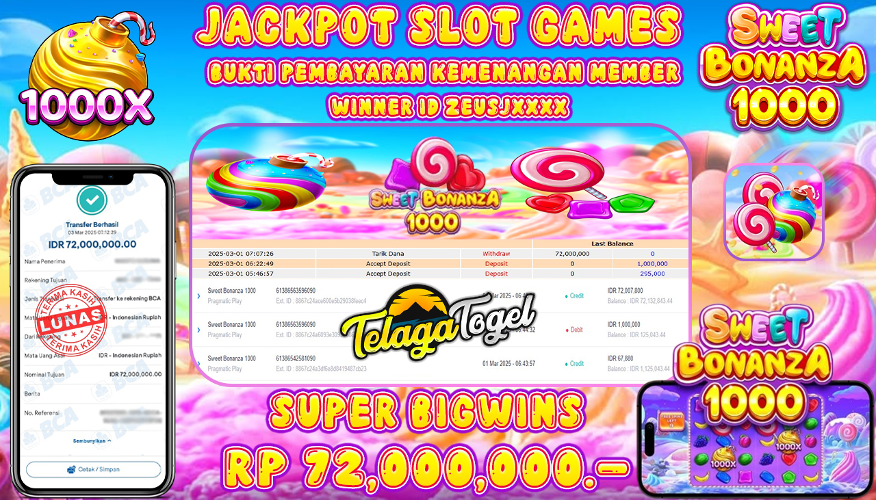 TELAGATOGEL JACKPOT SLOT SWEET BONANZA 1000 Rp 72,000,000 ,- LUNAS 