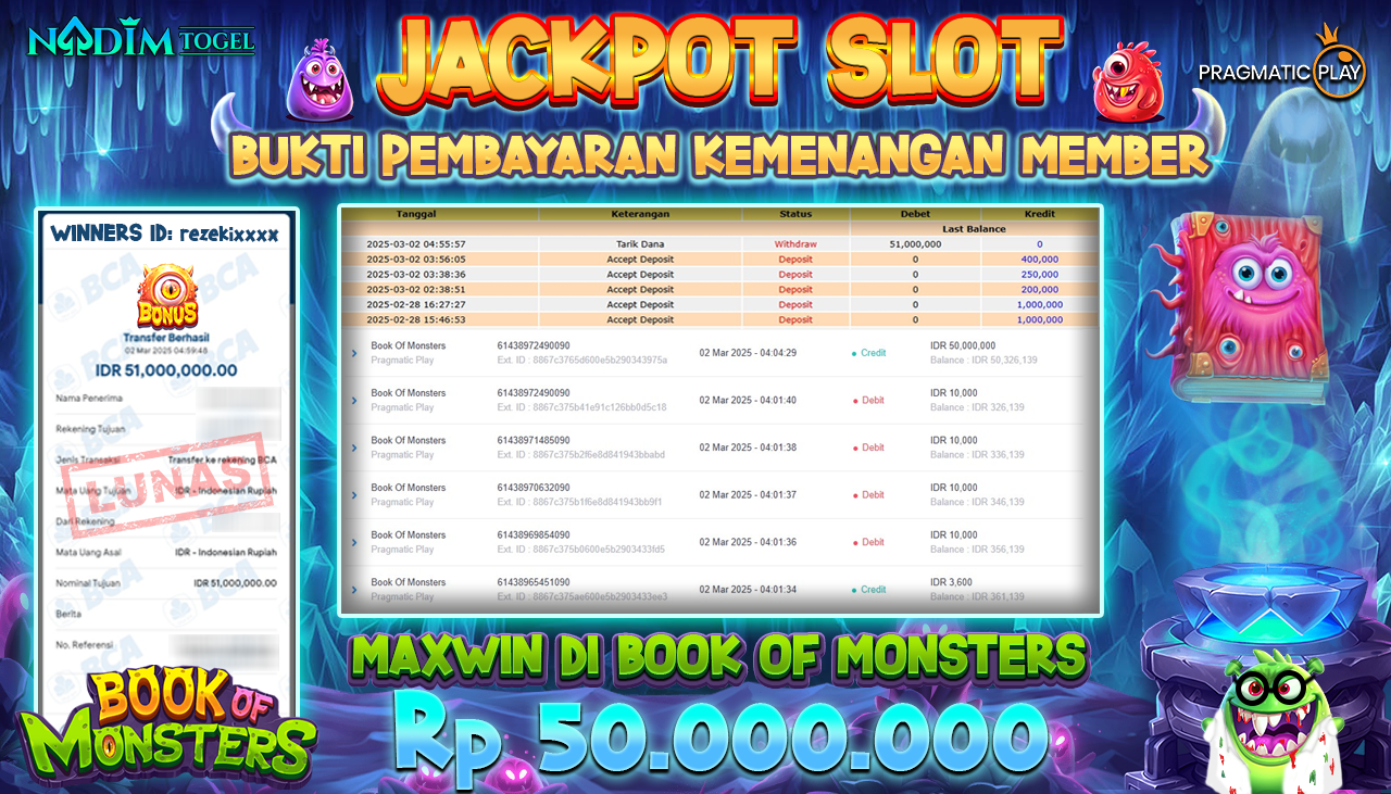 NADIMTOGEL JACKPOT SLOT BOOK OF MONSTERS Rp.51.000.000,- LUNAS