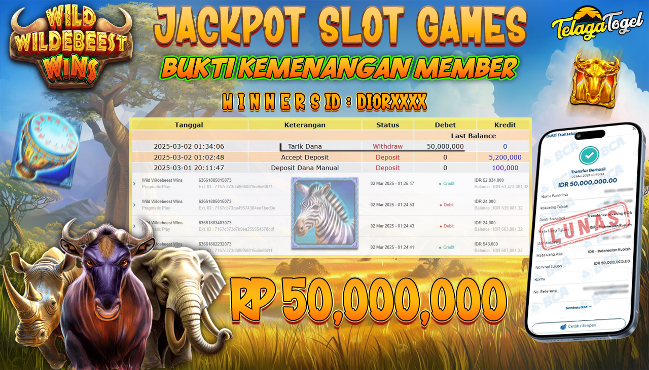 TELAGATOGEL JACKPOT SLOT WILD WILDDEBEEST WINS Rp 50,000,000,- LUNAS 