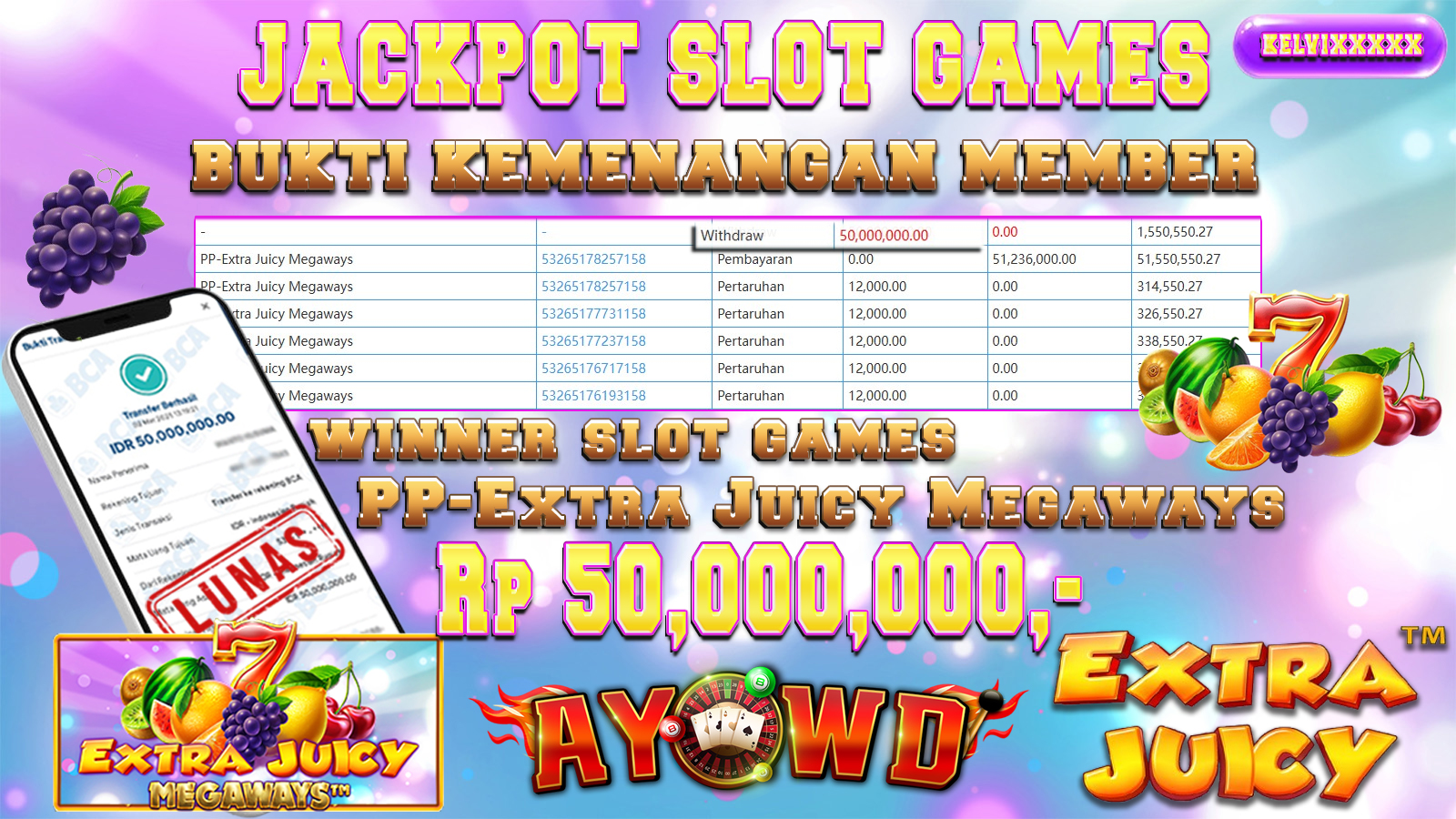 AYOWD JACKPOT SLOT GAMES PP-Extra Juicy Megaways Rp 50,000,000,- LUNAS