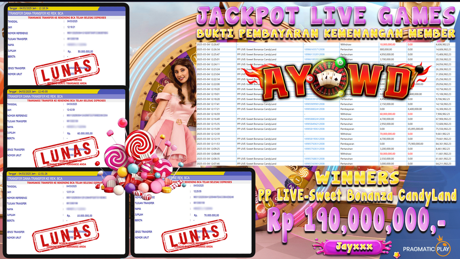 AYOWD JACKPOT LIVE GAMES PP LIVE-Sweet Bonanza CandyLand Rp 190.000.000,- LUNAS