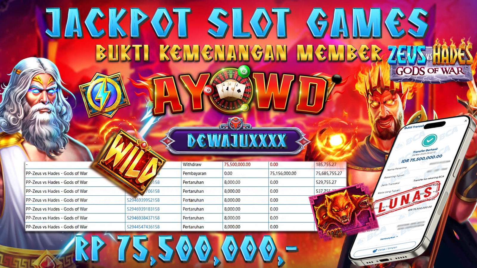 AYOWD JACKPOT SLOT GAMES PP-zeus vs hades gods of war Rp 75.500.000,- LUNAS