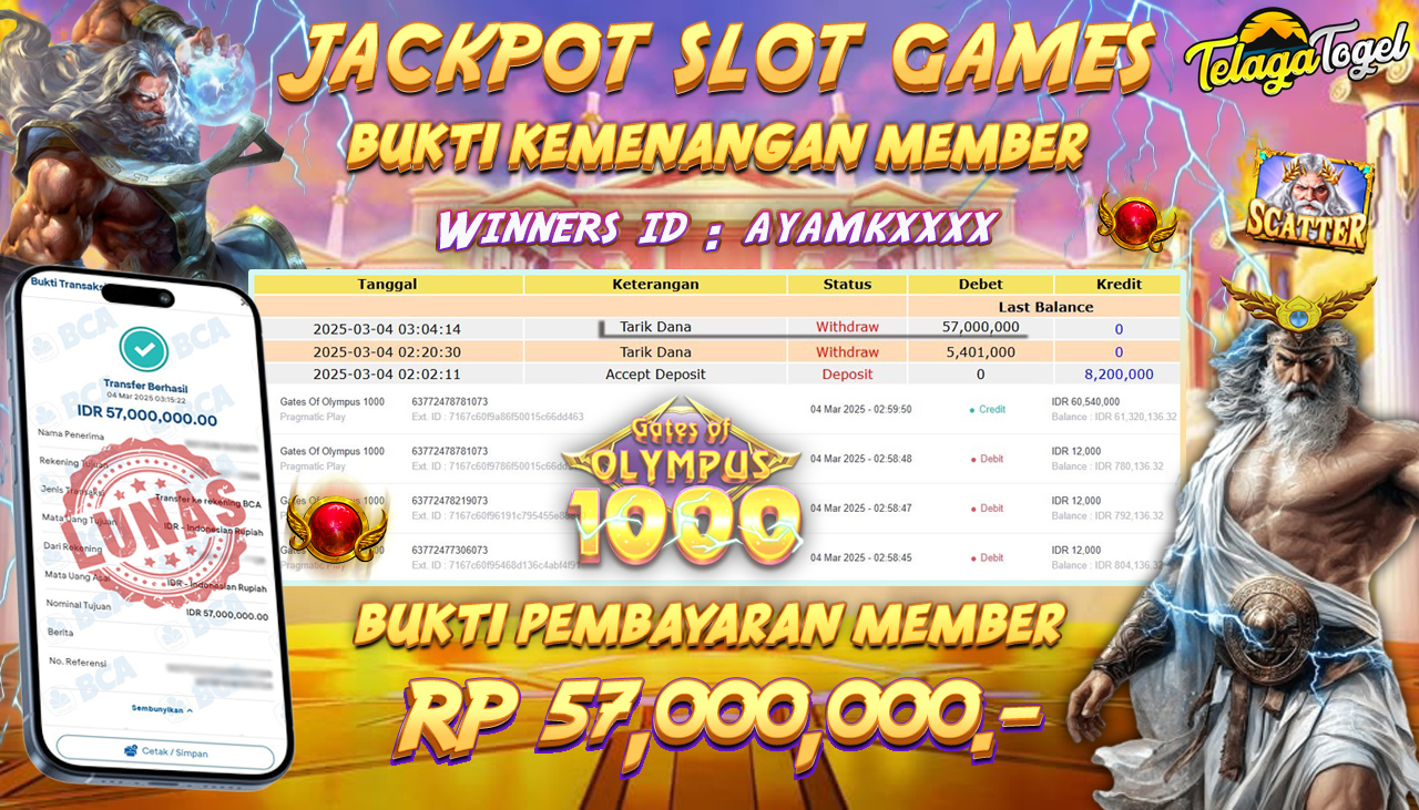 TELAGATOGEL JACKPOT SLOT GATES OF OLMYPUS 1000 Rp 57,000,000,- LUNAS 