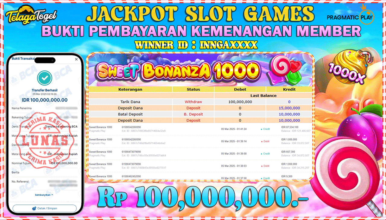 TELAGATOGEL JACKPOT SLOT SWEET BONANZA 1000 Rp 100,000,000,- LUNAS 