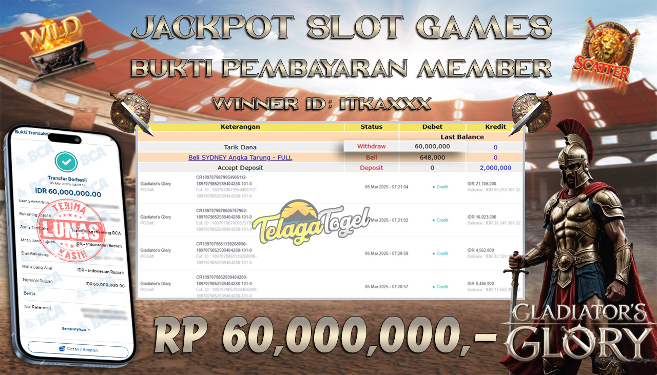 TELAGATOGEL JACKPOT SLOT GLADIATOR'S GLORY Rp 60,000,000,- LUNAS 