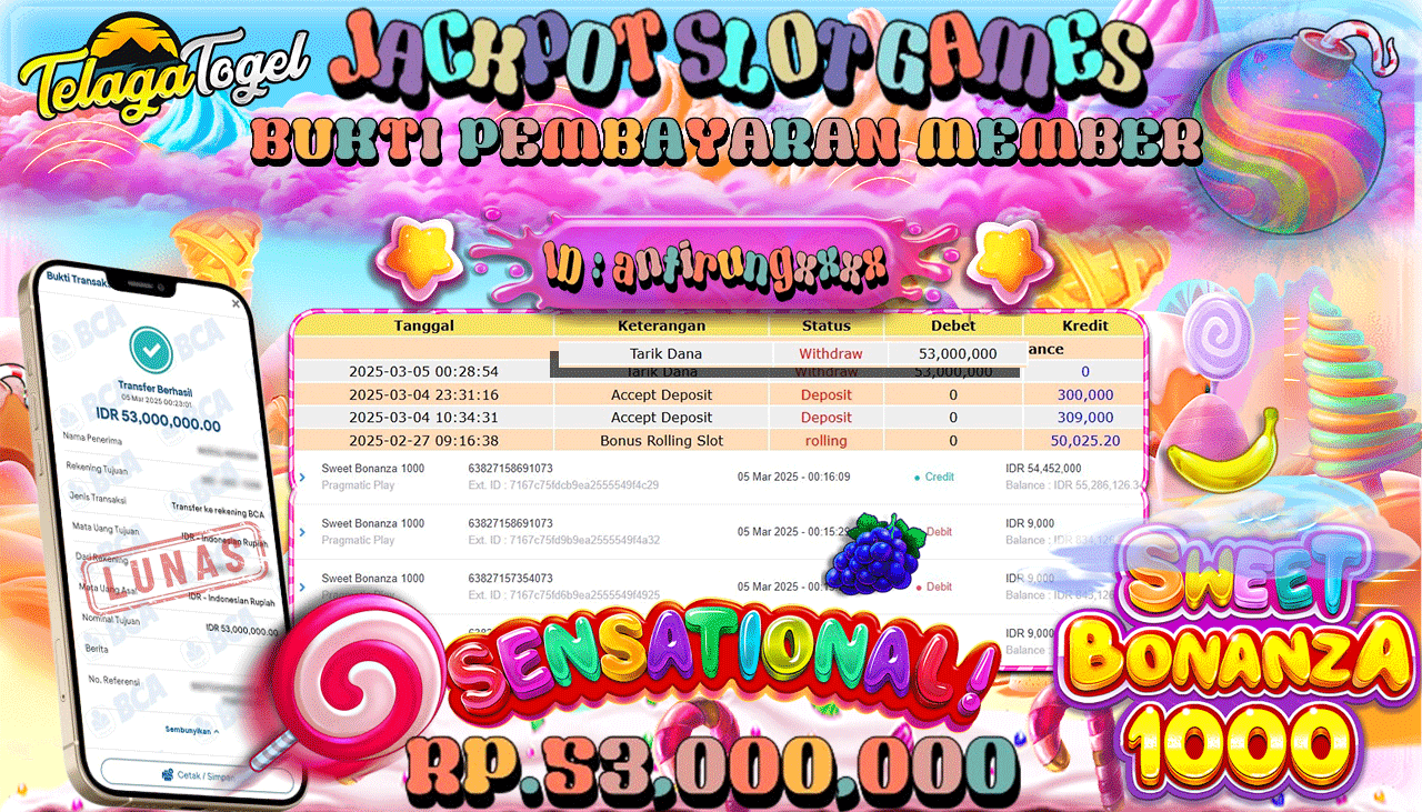 TELAGATOGEL JACKPOT SLOT SWEET BONANZA 1000 Rp 53,000,000,- LUNAS 