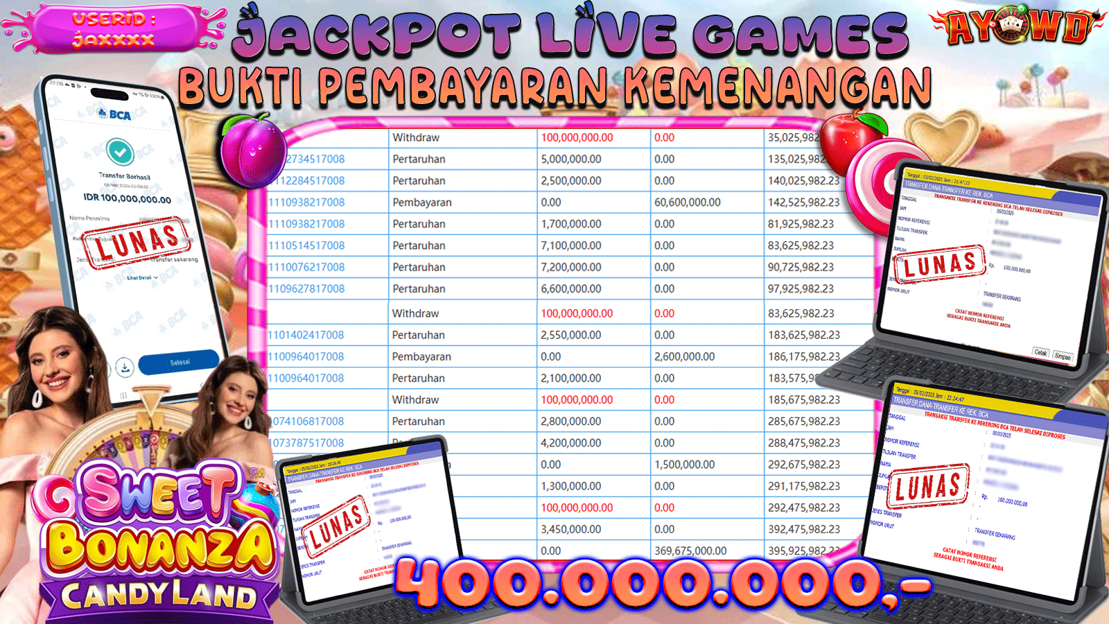 AYOWD JACKPOT LIVE GAMES PP LIVE-Sweet Bonanza CandyLand Rp 400.000.000,- LUNAS