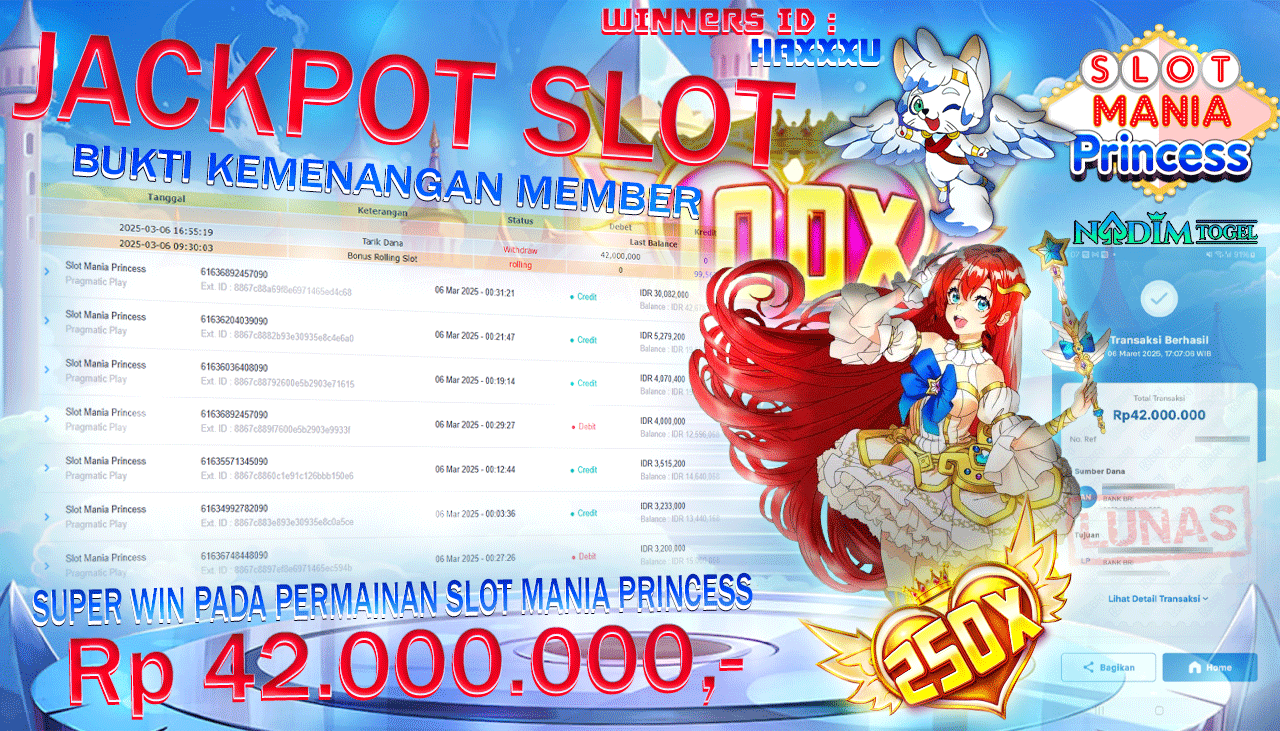 NADIMTOGEL JACKPOT SLOT MANIA PRINCESS Rp 42.000.000,- LUNAS