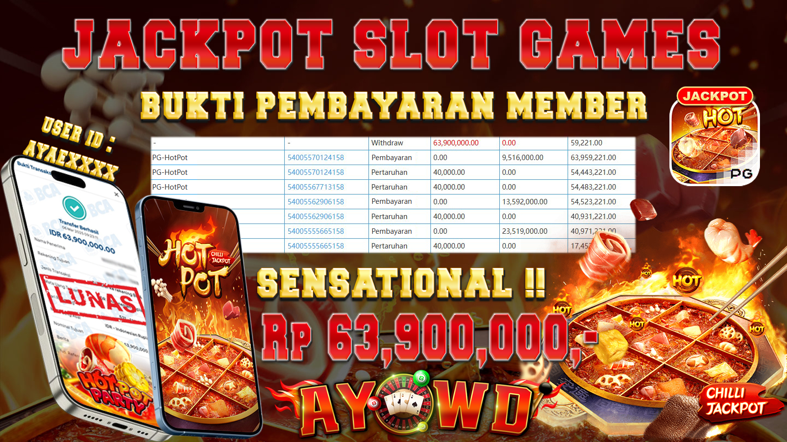 AYOWD JACKPOT SLOT GAMES PG-HotPot Rp 63.900.000,- LUNAS