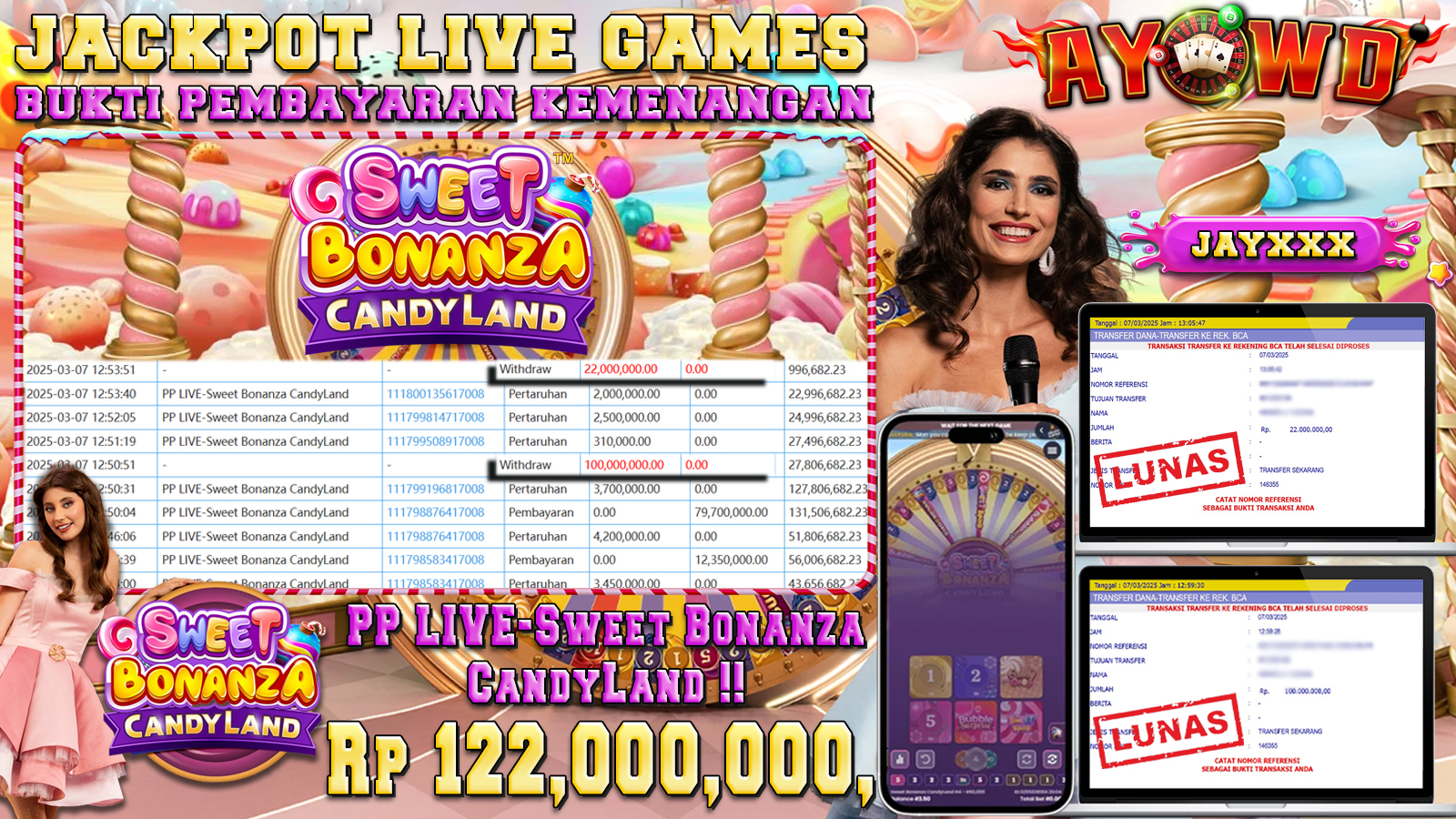 AYOWD JACKPOT LIVE GAMES PP LIVE-Sweet Bonanza CandyLand Rp 122.000.000,- LUNAS
