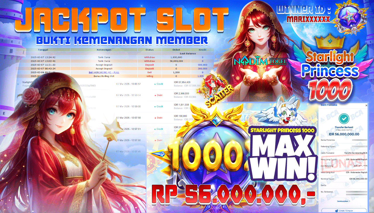 NADIMTOGEL JACKPOT SLOT STARLIGHT PRINCESS 1000 Rp 56.000.000,- LUNAS
